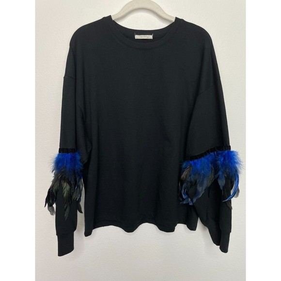 Zara Trafaluc Small Feather-Accent Sweater Black Blue  Oversized Balloon Sleeve - Picture 7 of 16